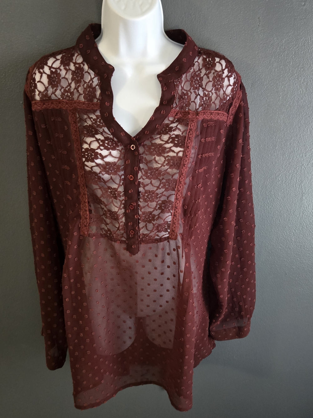 American Rag Cie Rich Burgundy Lacy Sheer Romantic Goth Boho Moody Blouse 2X